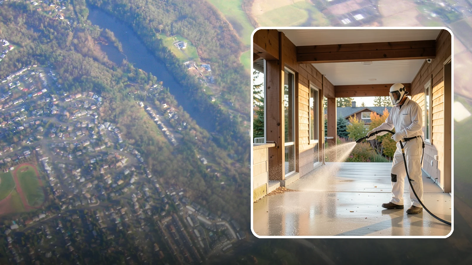 Breezeway Cleaning in Algona, King County, WA - We clean covered breezeways to clear the moss, leaf litter, and grime that funnel through these shaded passages.