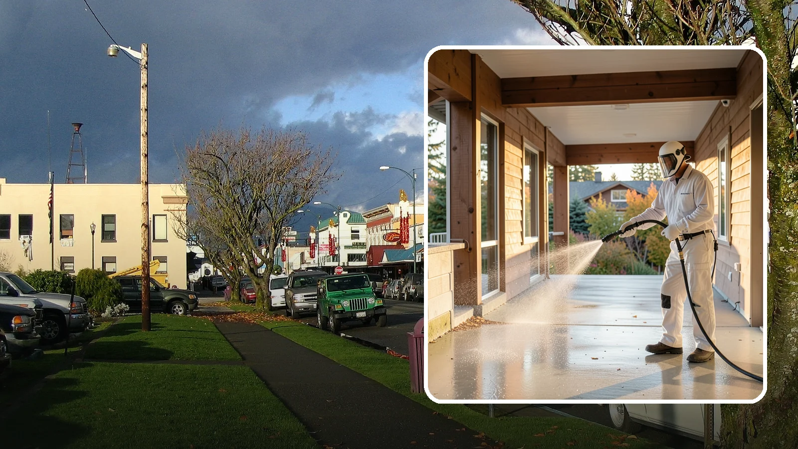 Breezeway Cleaning in Arlington, Snohomish County, WA - We clean covered breezeways to clear the moss, leaf litter, and grime that funnel through these shaded passages.