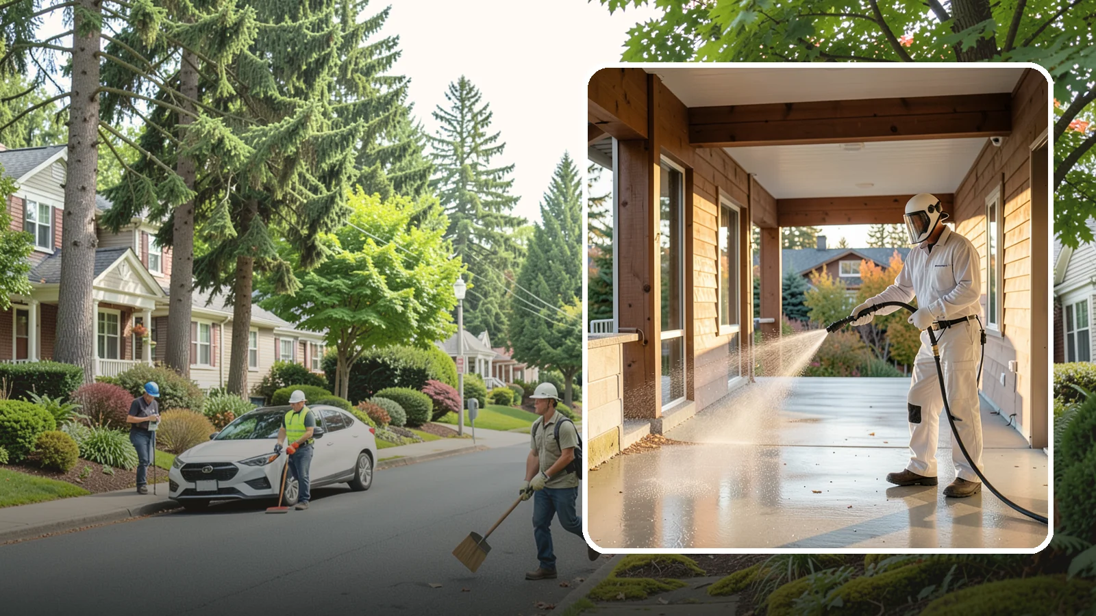 Breezeway Cleaning in Beaux Arts Village, King County, WA - We clean covered breezeways to clear the moss, leaf litter, and grime that funnel through these shaded passages.