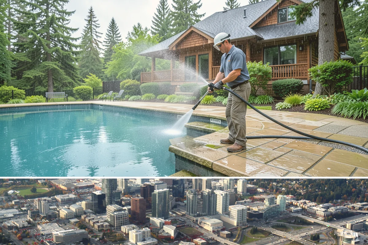 Breezeway Cleaning in Bellevue, King County, WA - Wash breezeways in spring to clear winter moss and slick buildup before heavier warm-season foot traffic.