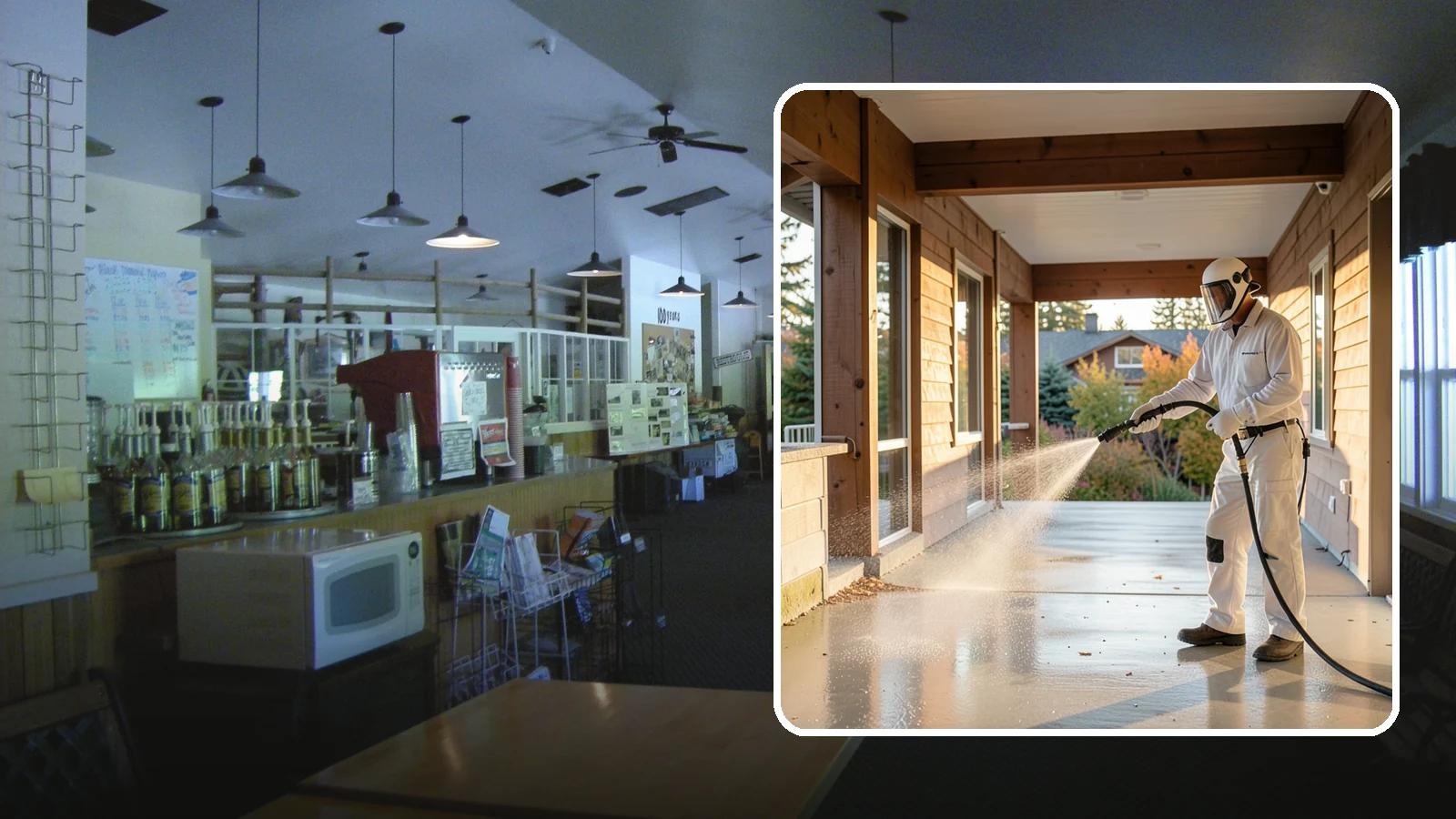 Breezeway Cleaning in Black Diamond, King County, WA - We clean covered breezeways to clear the moss, leaf litter, and grime that funnel through these shaded passages.