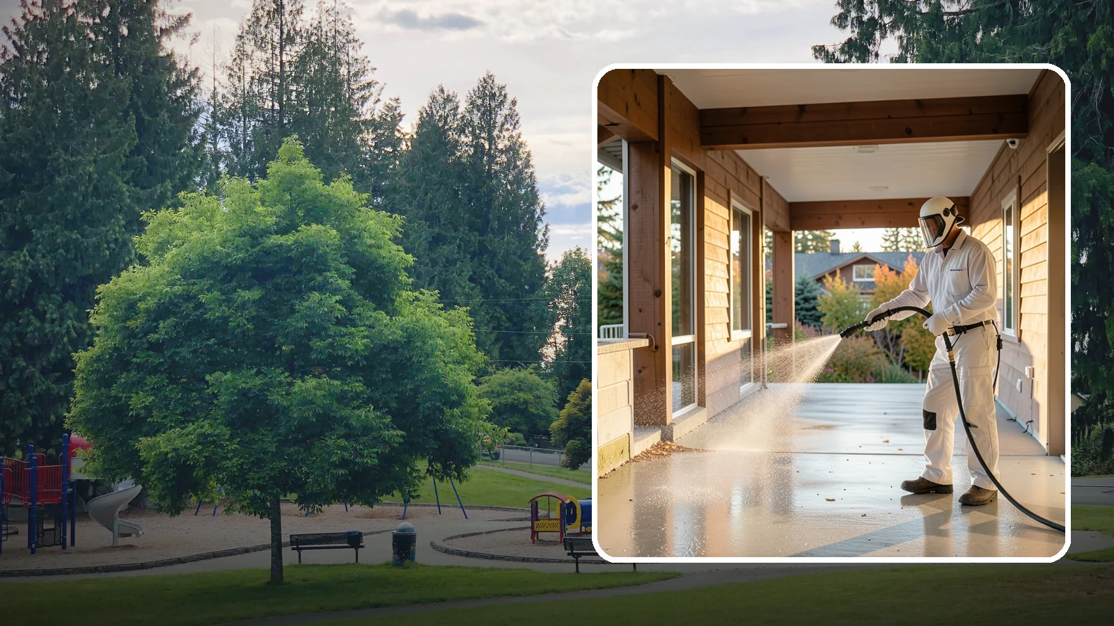Breezeway Cleaning in Bonney Lake, Pierce County, WA - We clean covered breezeways to clear the moss, leaf litter, and grime that funnel through these shaded passages.