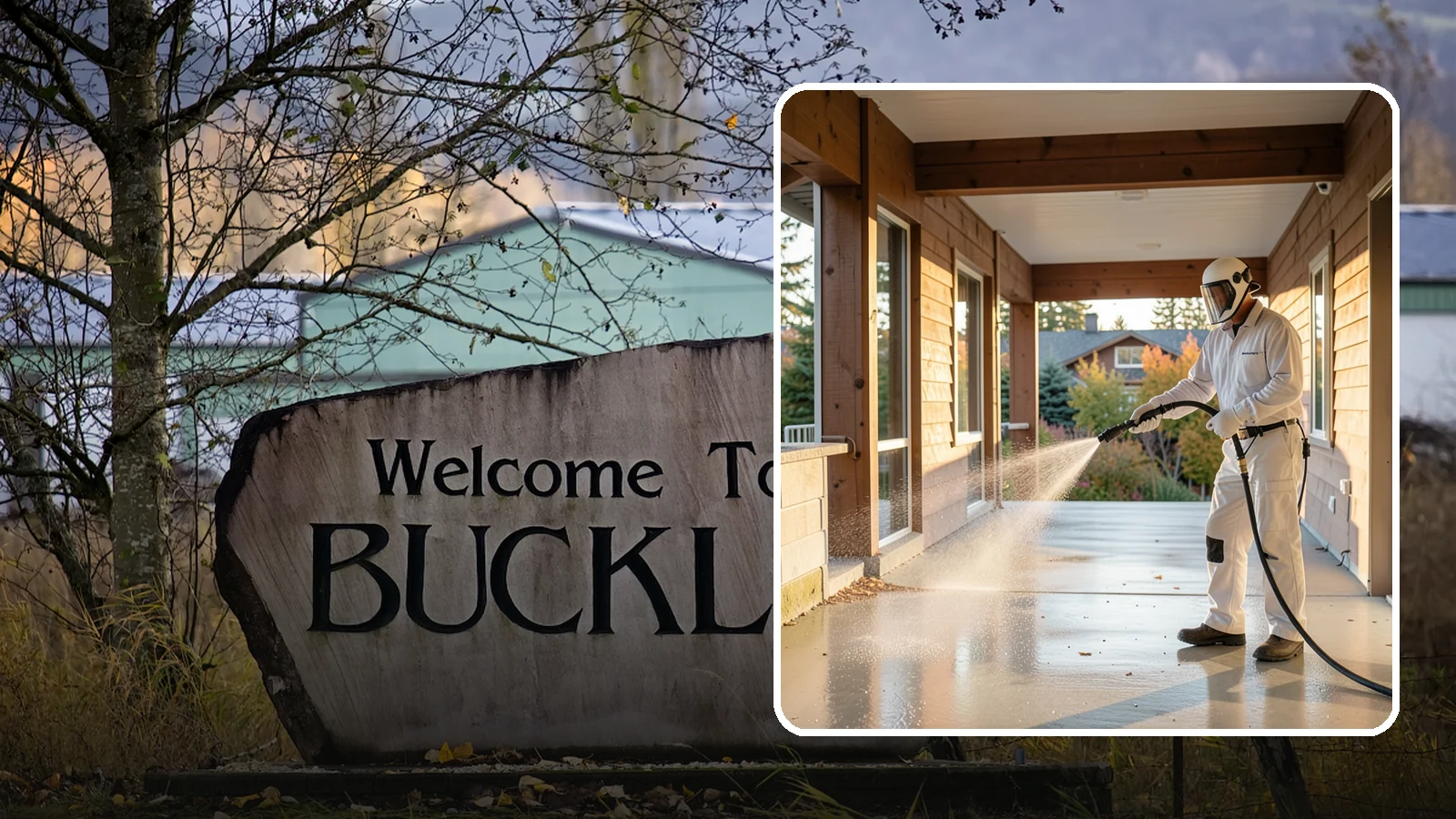 Breezeway Cleaning in Buckley, Pierce County, WA - We clean covered breezeways to clear the moss, leaf litter, and grime that funnel through these shaded passages.