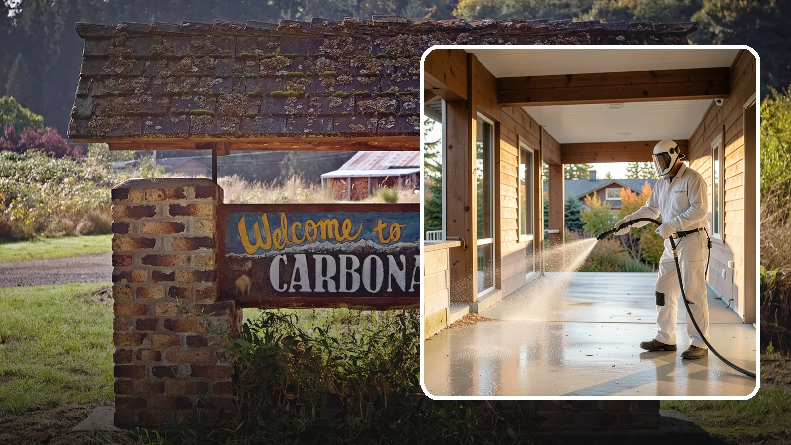 Breezeway Cleaning in Carbonado, Pierce County, WA - We clean covered breezeways to clear the moss, leaf litter, and grime that funnel through these shaded passages.