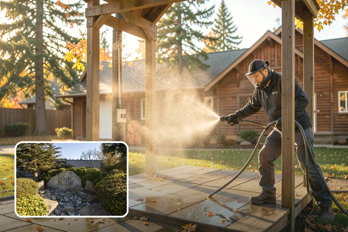 Breezeway Cleaning in Clyde Hill, King County, WA - Clears moss and slick film from the walkway floor