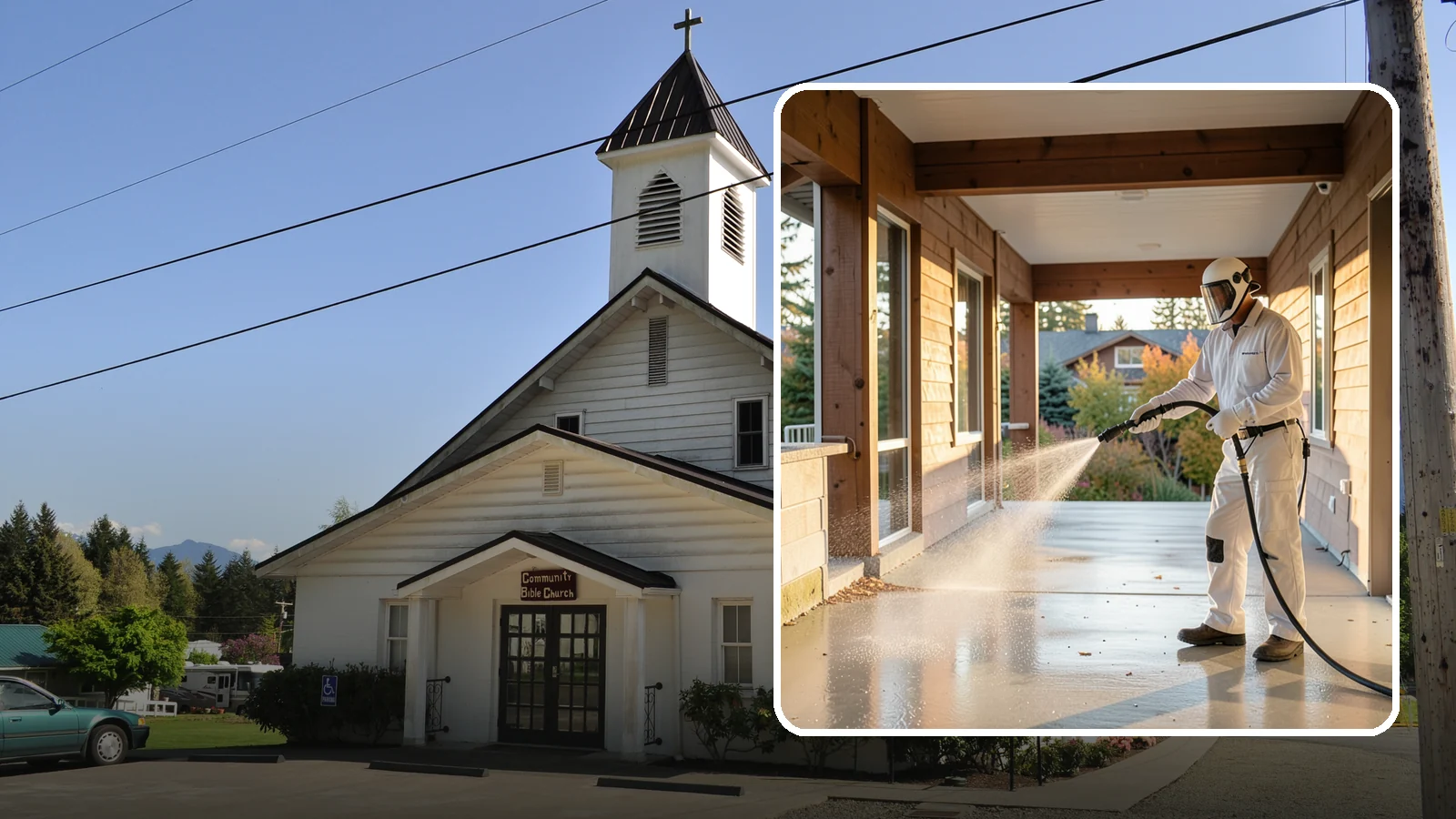 Breezeway Cleaning in Concrete, Skagit County, WA - We clean covered breezeways to clear the moss, leaf litter, and grime that funnel through these shaded passages.