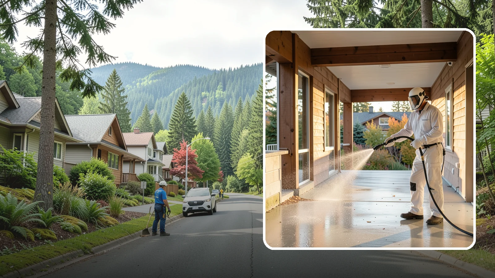 Breezeway Cleaning in Darrington, Snohomish County, WA - We clean covered breezeways to clear the moss, leaf litter, and grime that funnel through these shaded passages.