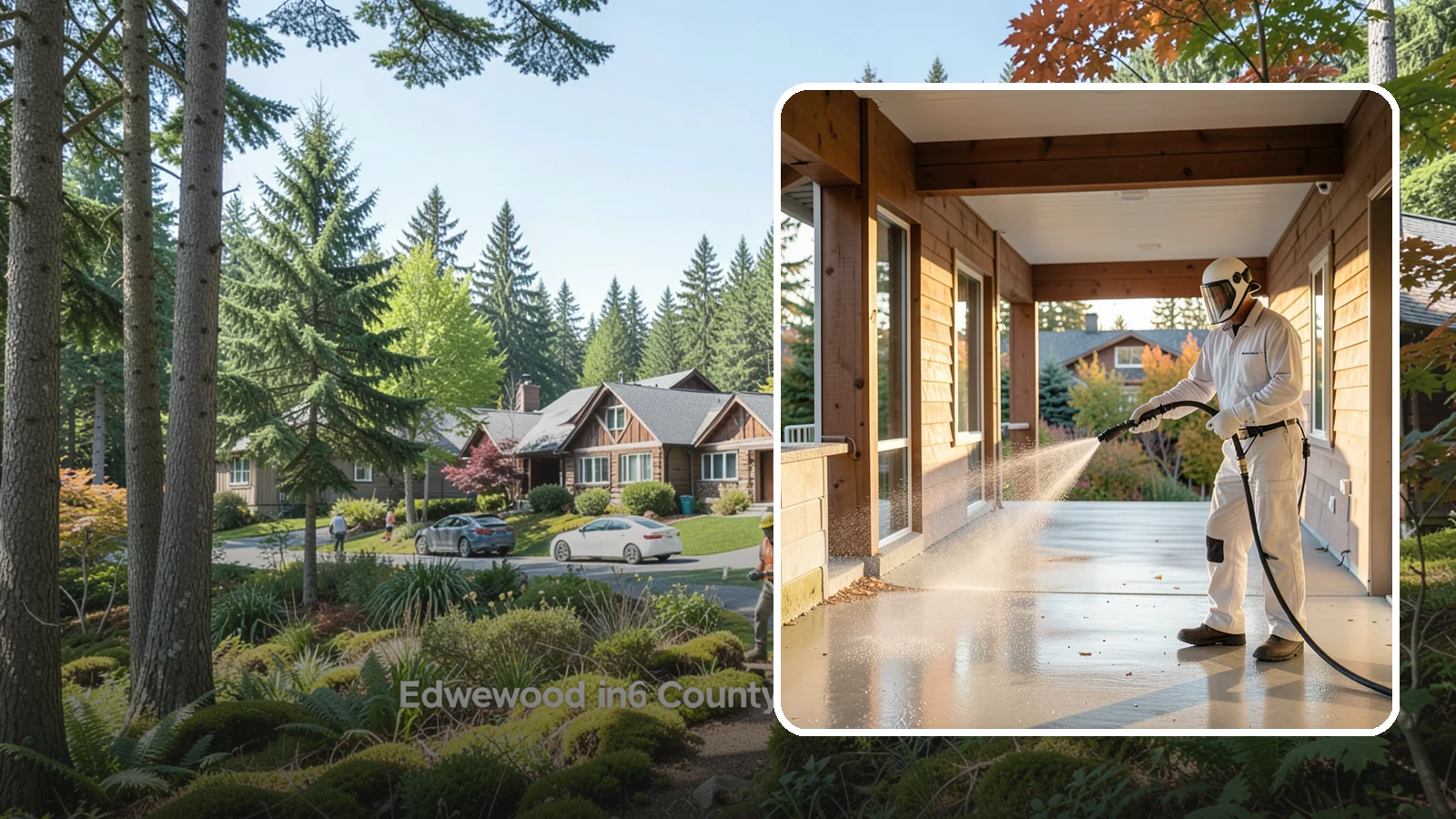 Breezeway Cleaning in Edgewood, Pierce County, WA - We clean covered breezeways to clear the moss, leaf litter, and grime that funnel through these shaded passages.