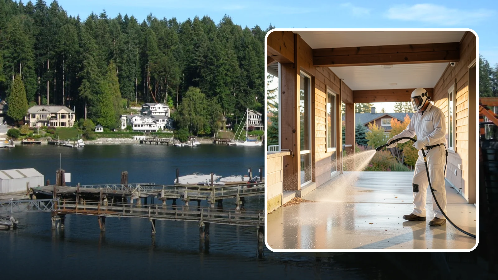Breezeway Cleaning in Gig Harbor, Pierce County, WA - We clean covered breezeways to clear the moss, leaf litter, and grime that funnel through these shaded passages.