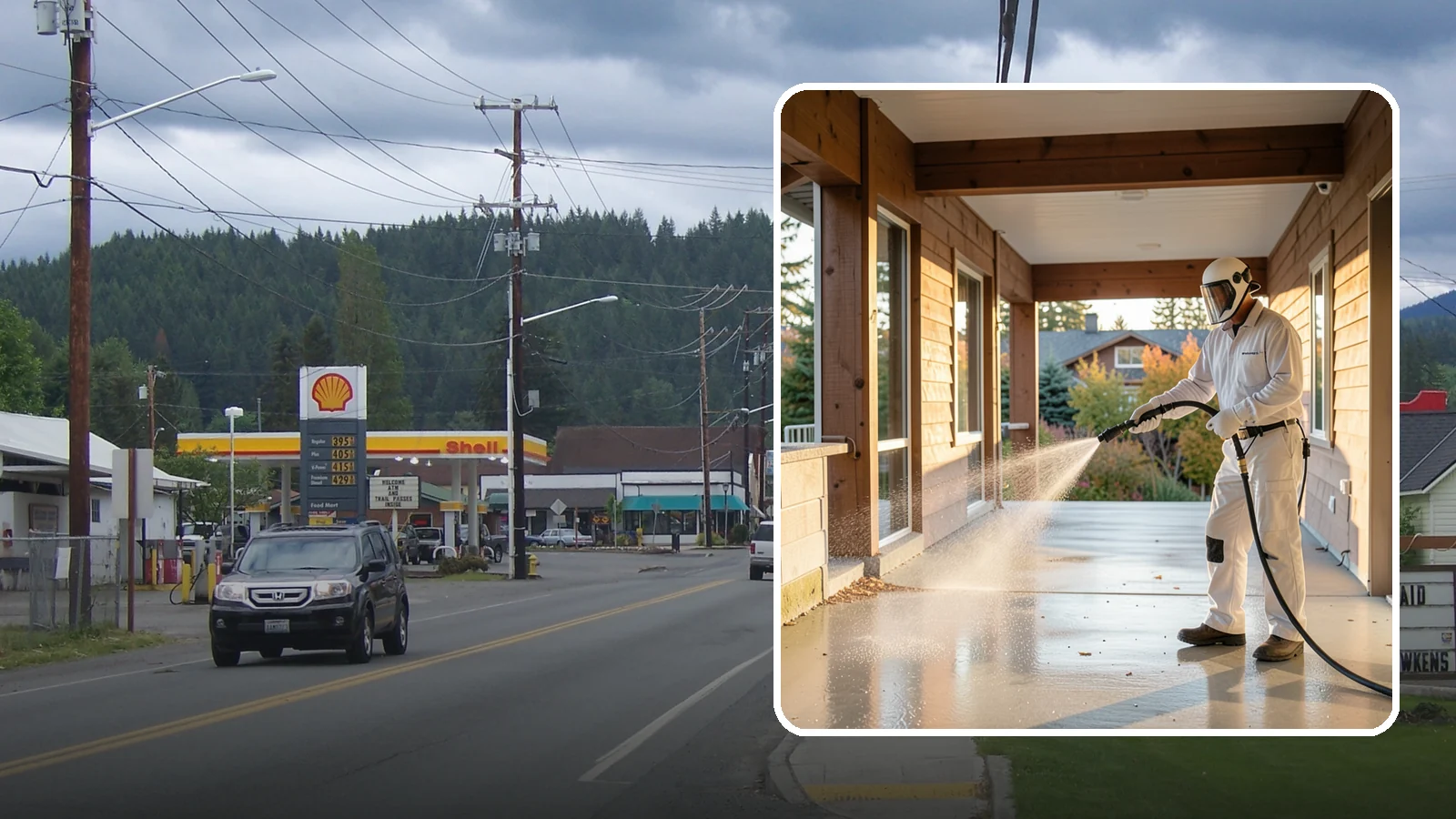 Breezeway Cleaning in Granite Falls, Snohomish County, WA - We clean covered breezeways to clear the moss, leaf litter, and grime that funnel through these shaded passages.