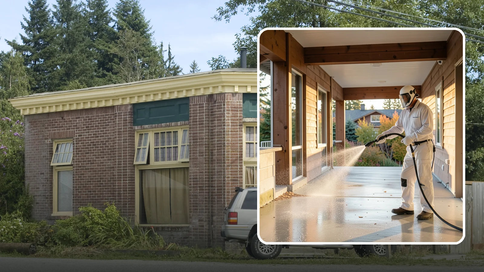 Breezeway Cleaning in Hamilton, Skagit County, WA - We clean covered breezeways to clear the moss, leaf litter, and grime that funnel through these shaded passages.