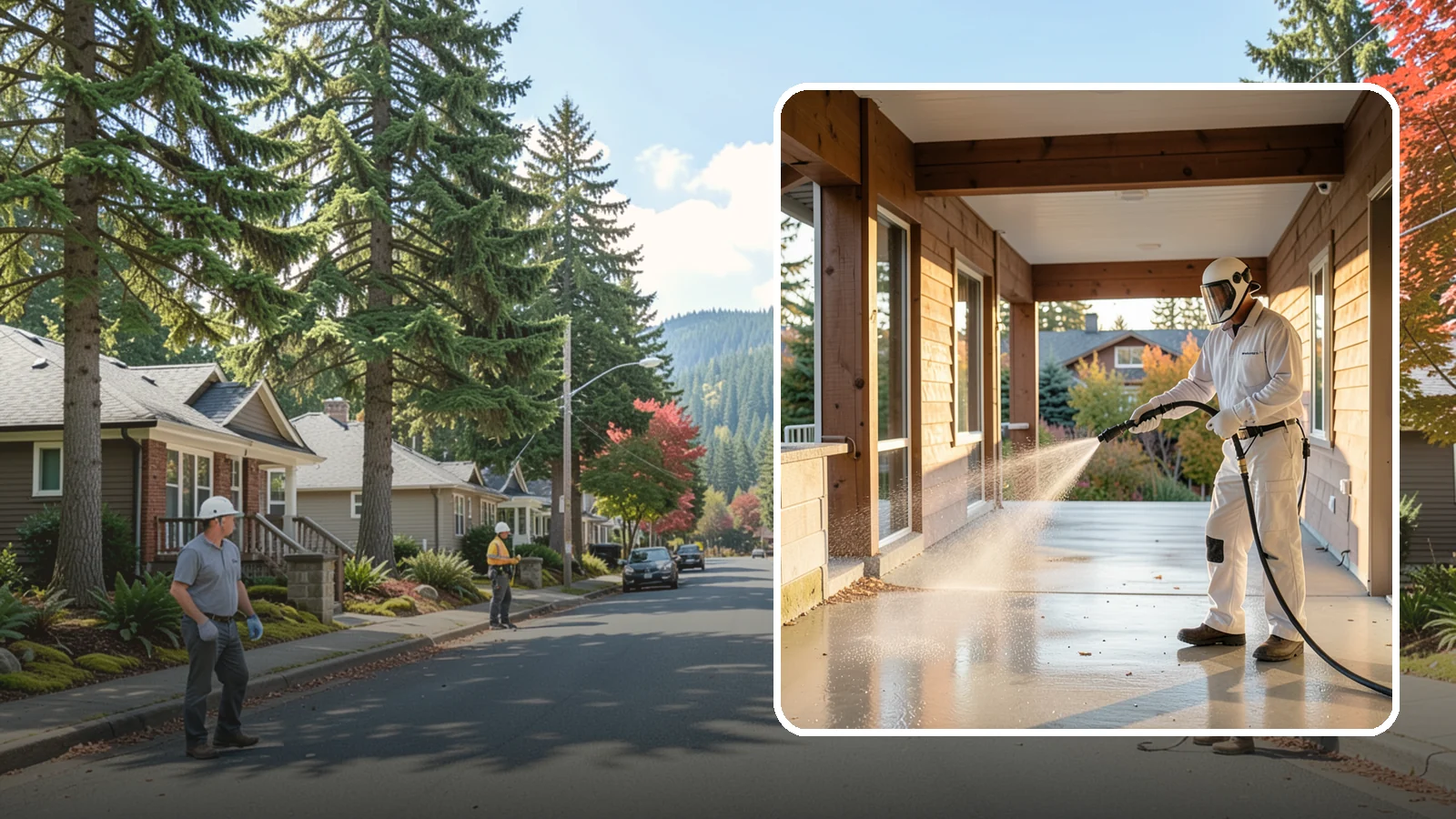 Breezeway Cleaning in Hunts Point, King County, WA - We clean covered breezeways to clear the moss, leaf litter, and grime that funnel through these shaded passages.