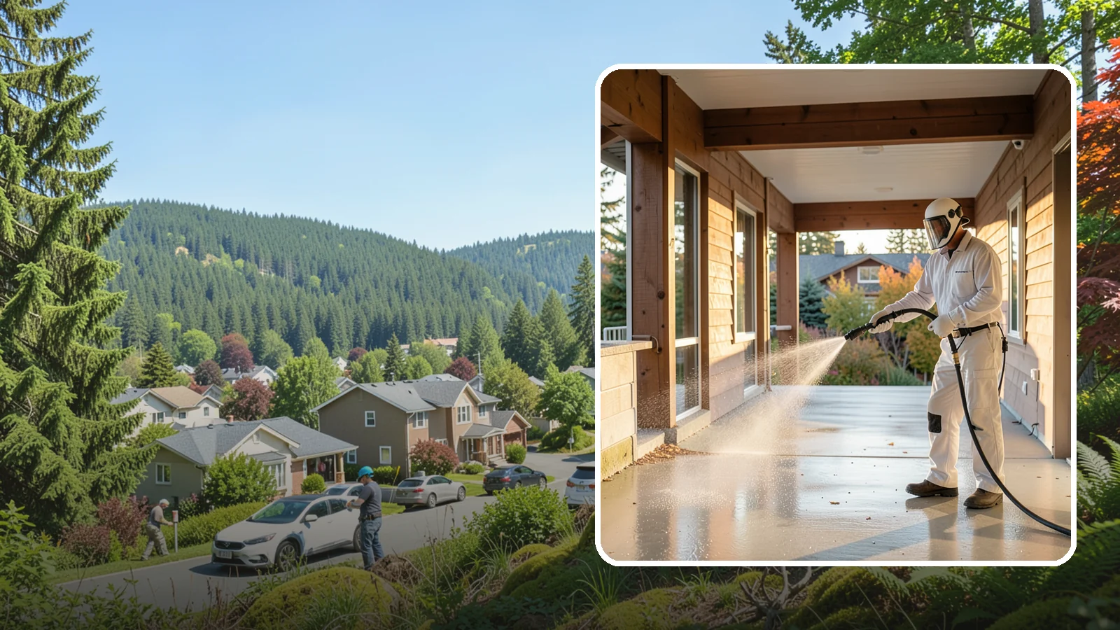 Breezeway Cleaning in Index, Snohomish County, WA - We clean covered breezeways to clear the moss, leaf litter, and grime that funnel through these shaded passages.