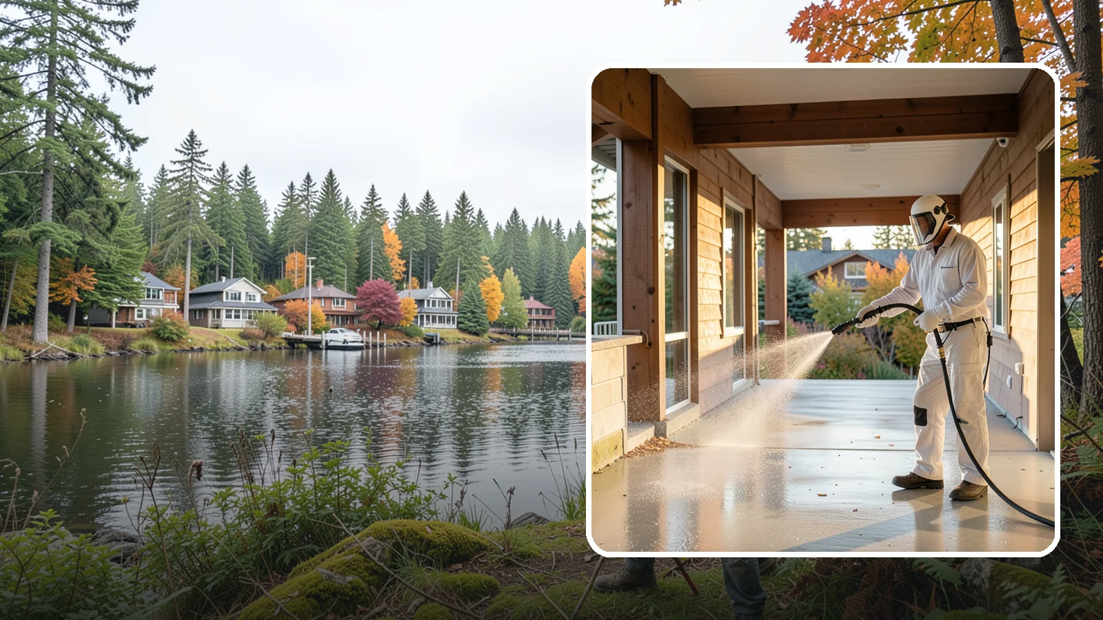 Breezeway Cleaning in La Conner, Skagit County, WA - We clean covered breezeways to clear the moss, leaf litter, and grime that funnel through these shaded passages.