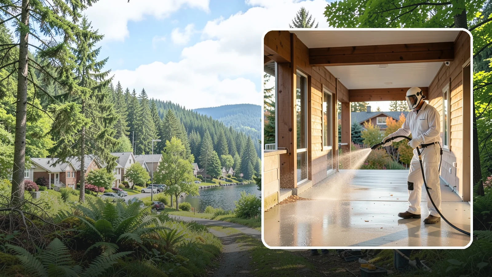 Breezeway Cleaning in Lake Forest Park, King County, WA - We clean covered breezeways to clear the moss, leaf litter, and grime that funnel through these shaded passages.