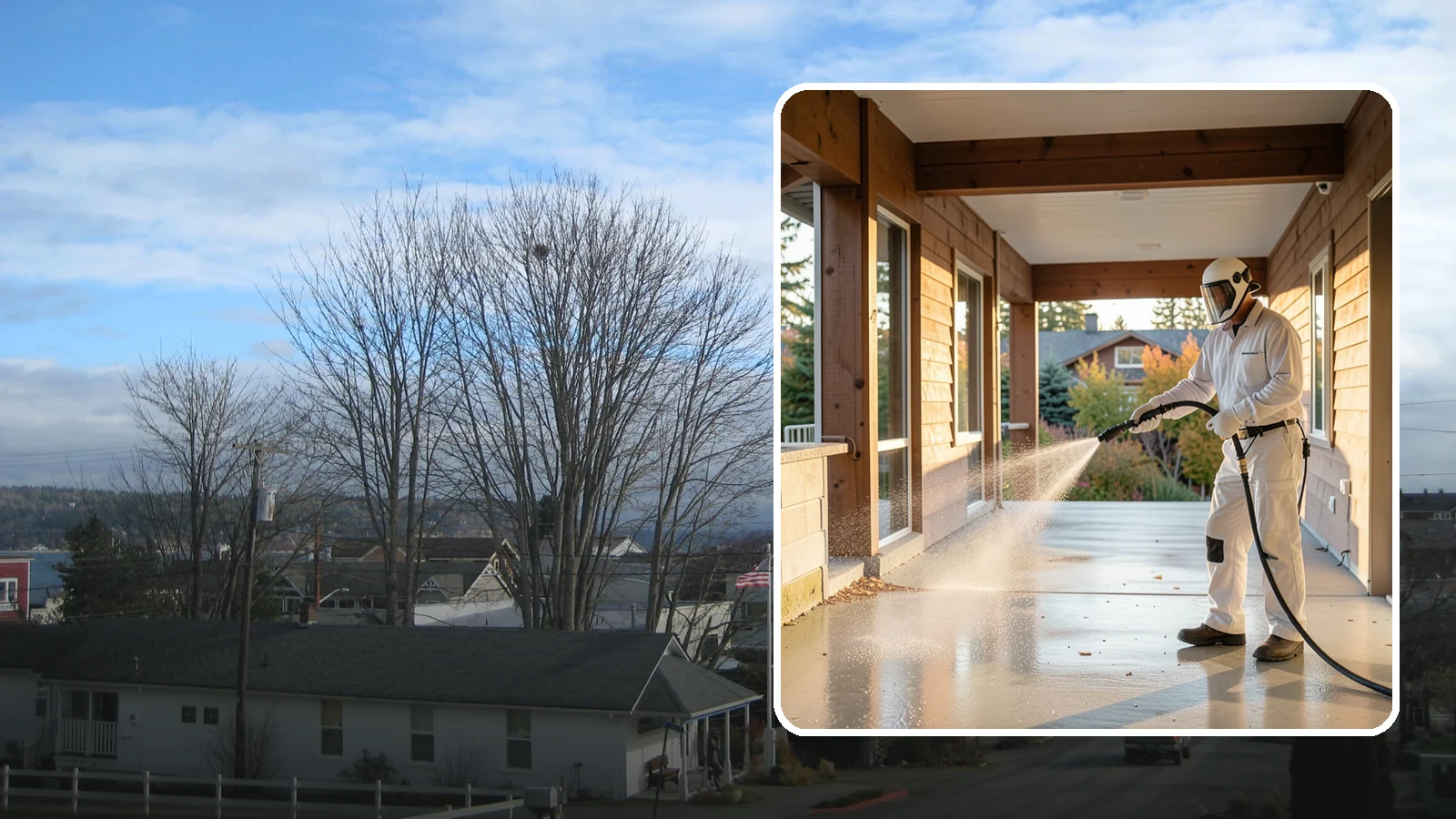 Breezeway Cleaning in Langley, Island County, WA - We clean covered breezeways to clear the moss, leaf litter, and grime that funnel through these shaded passages.