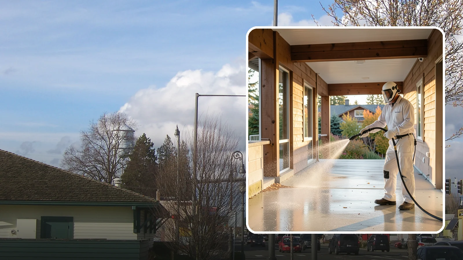 Breezeway Cleaning in Marysville, Snohomish County, WA - We clean covered breezeways to clear the moss, leaf litter, and grime that funnel through these shaded passages.