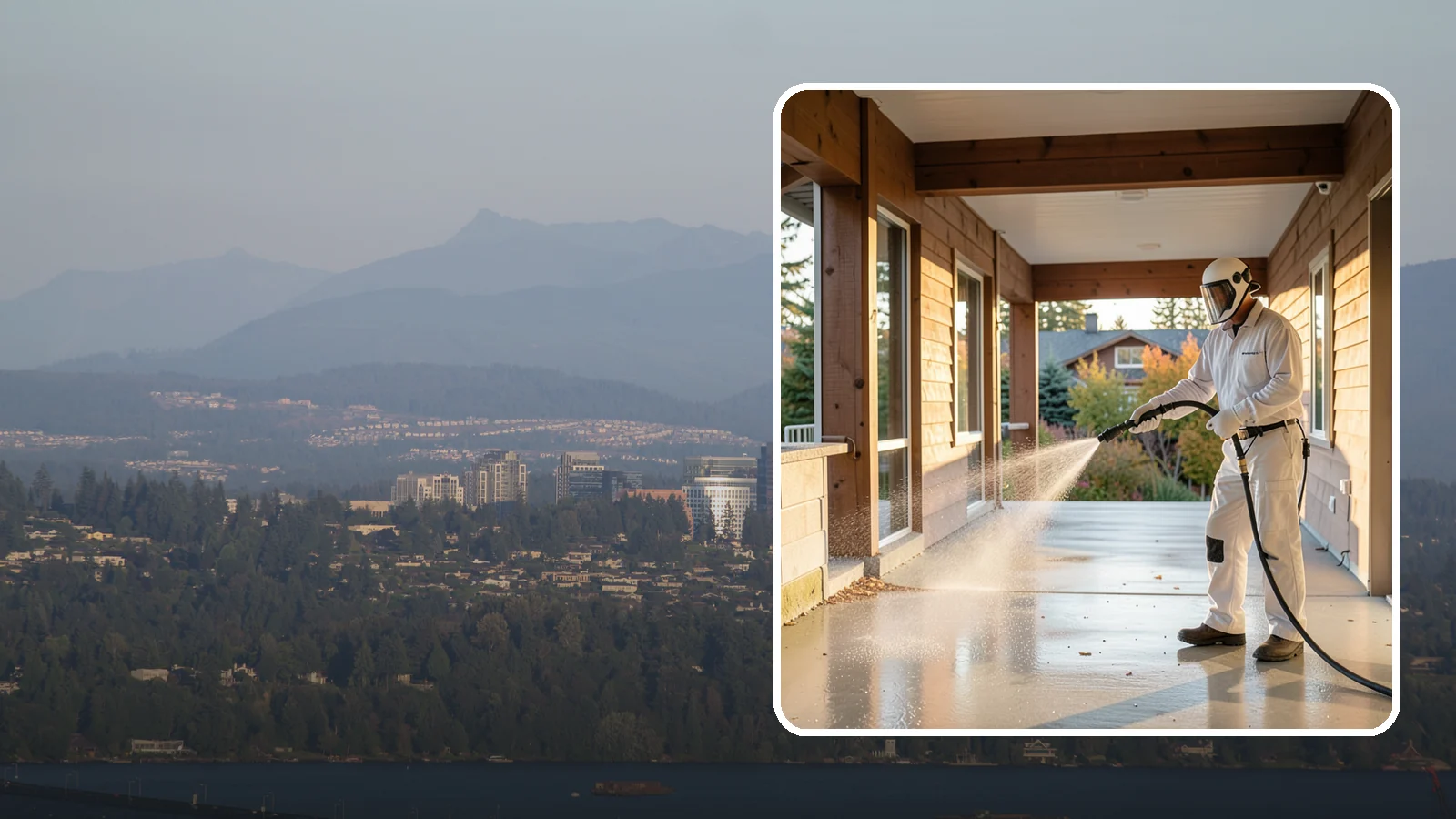 Breezeway Cleaning in Medina, King County, WA - We clean covered breezeways to clear the moss, leaf litter, and grime that funnel through these shaded passages.
