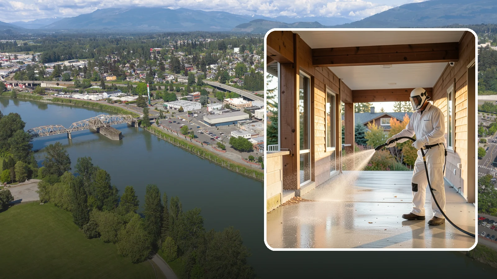 Breezeway Cleaning in Mount Vernon, Skagit County, WA - We clean covered breezeways to clear the moss, leaf litter, and grime that funnel through these shaded passages.