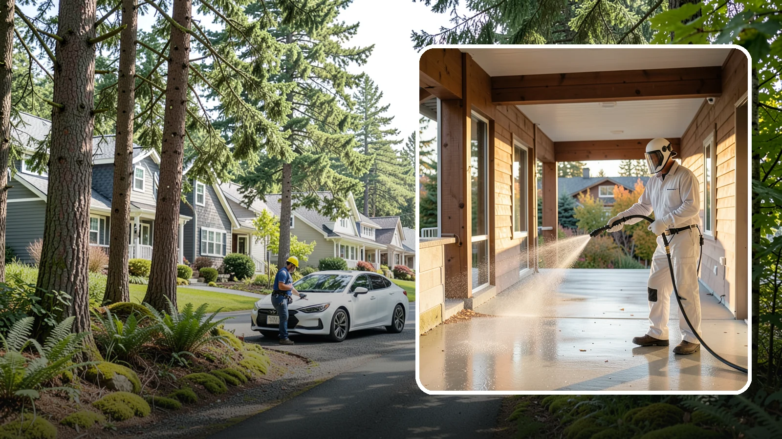 Breezeway Cleaning in Normandy Park, King County, WA - We clean covered breezeways to clear the moss, leaf litter, and grime that funnel through these shaded passages.