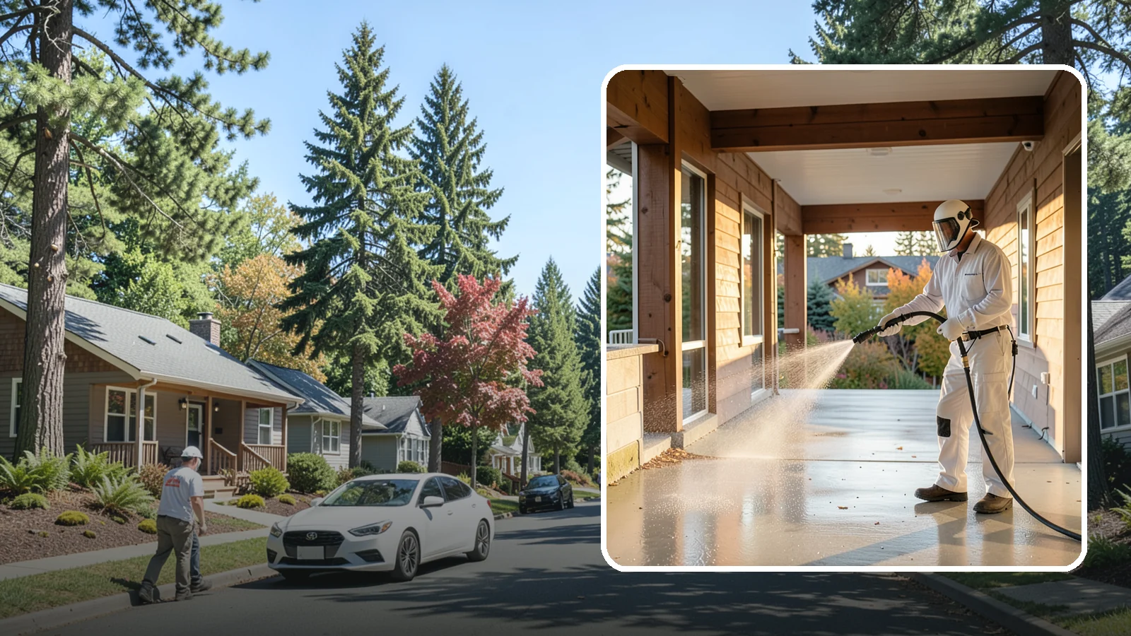 Breezeway Cleaning in Orting, Pierce County, WA - We clean covered breezeways to clear the moss, leaf litter, and grime that funnel through these shaded passages.