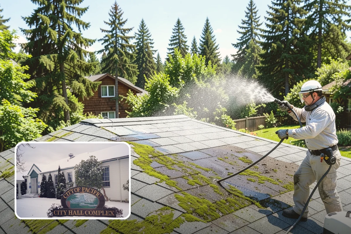 Breezeway Cleaning in Pacific, King County, WA - Clears moss and slick film from the walkway floor