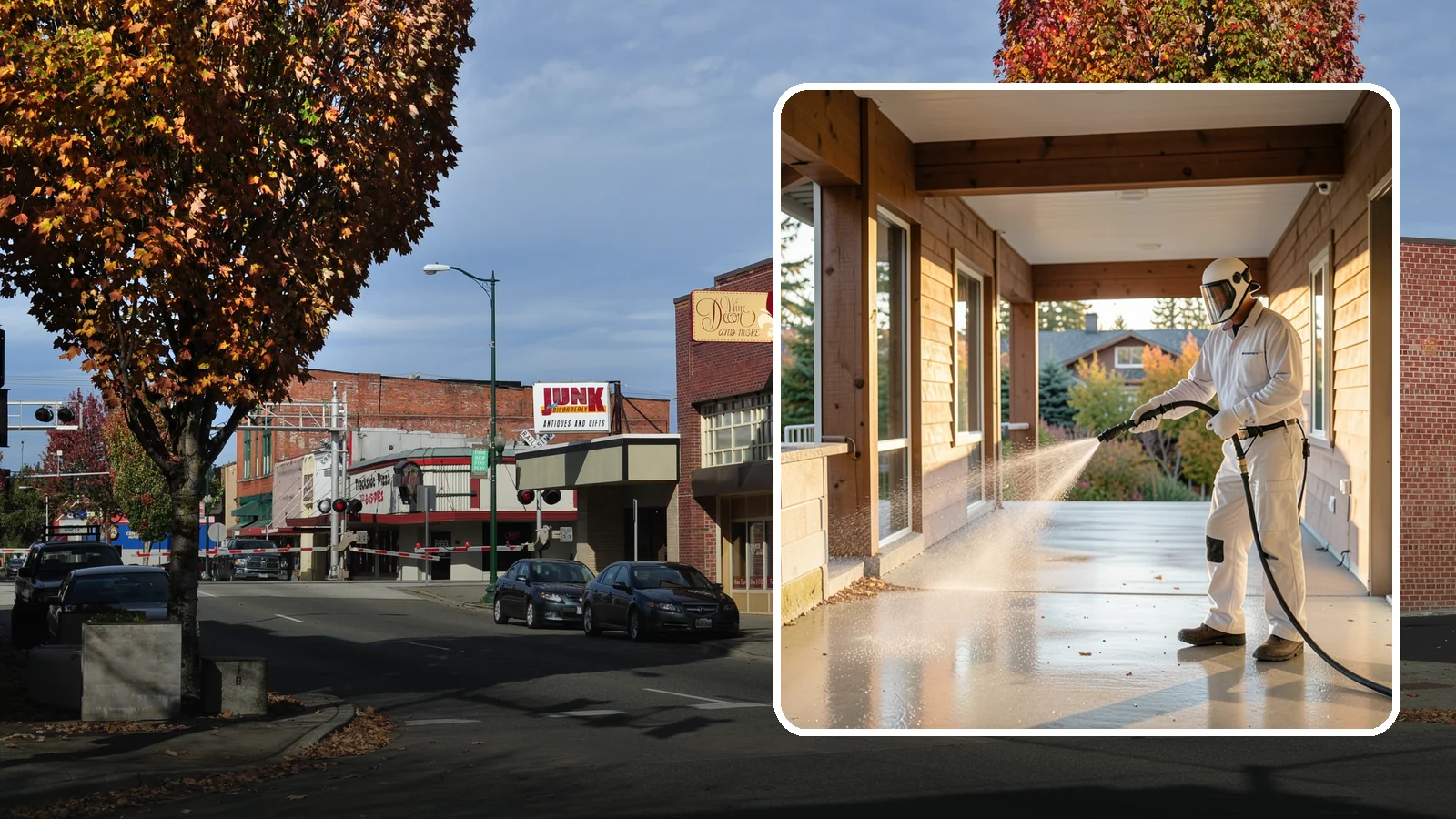 Breezeway Cleaning in Puyallup, Pierce County, WA - We clean covered breezeways to clear the moss, leaf litter, and grime that funnel through these shaded passages.