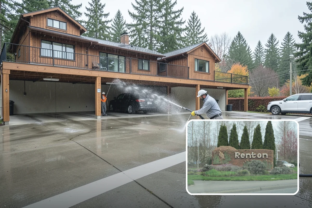 Breezeway Cleaning in Renton, King County, WA - Clears moss and slick film from the walkway floor
