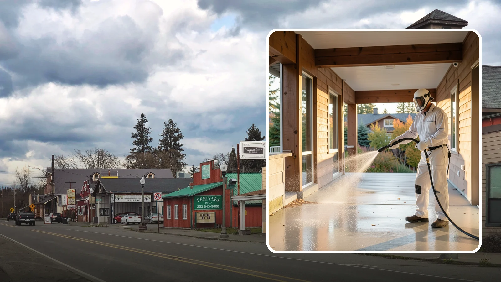 Breezeway Cleaning in Roy, Pierce County, WA - We clean covered breezeways to clear the moss, leaf litter, and grime that funnel through these shaded passages.