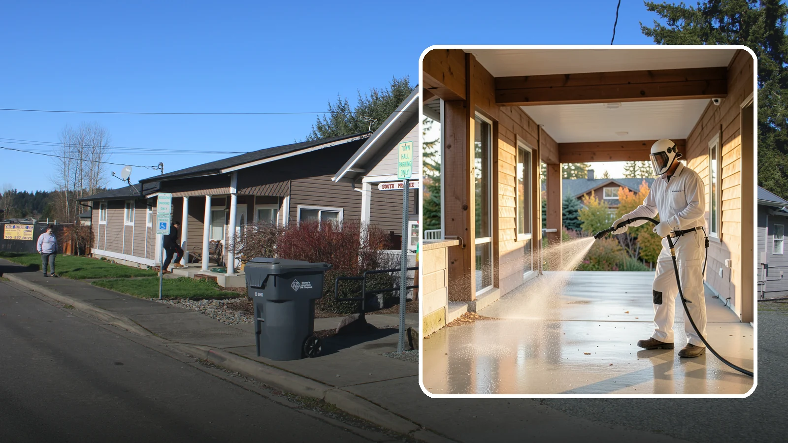 Breezeway Cleaning in South Prairie, Pierce County, WA - We clean covered breezeways to clear the moss, leaf litter, and grime that funnel through these shaded passages.