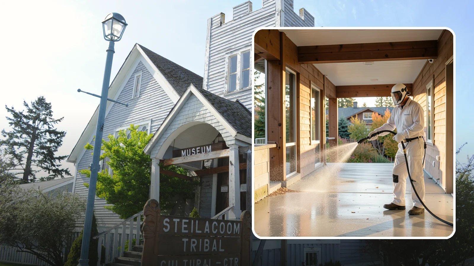Breezeway Cleaning in Steilacoom, Pierce County, WA - We clean covered breezeways to clear the moss, leaf litter, and grime that funnel through these shaded passages.