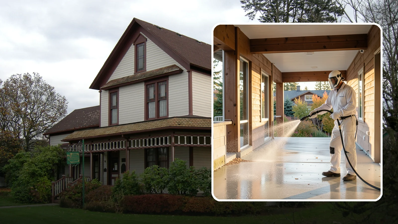 Breezeway Cleaning in Sumner, Pierce County, WA - We clean covered breezeways to clear the moss, leaf litter, and grime that funnel through these shaded passages.
