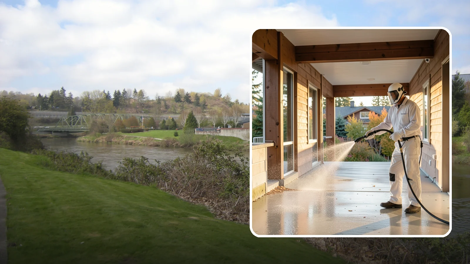 Breezeway Cleaning in Tukwila, King County, WA - We clean covered breezeways to clear the moss, leaf litter, and grime that funnel through these shaded passages.