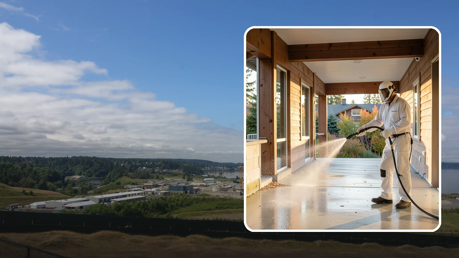 Breezeway Cleaning in University Place, Pierce County, WA - We clean covered breezeways to clear the moss, leaf litter, and grime that funnel through these shaded passages.
