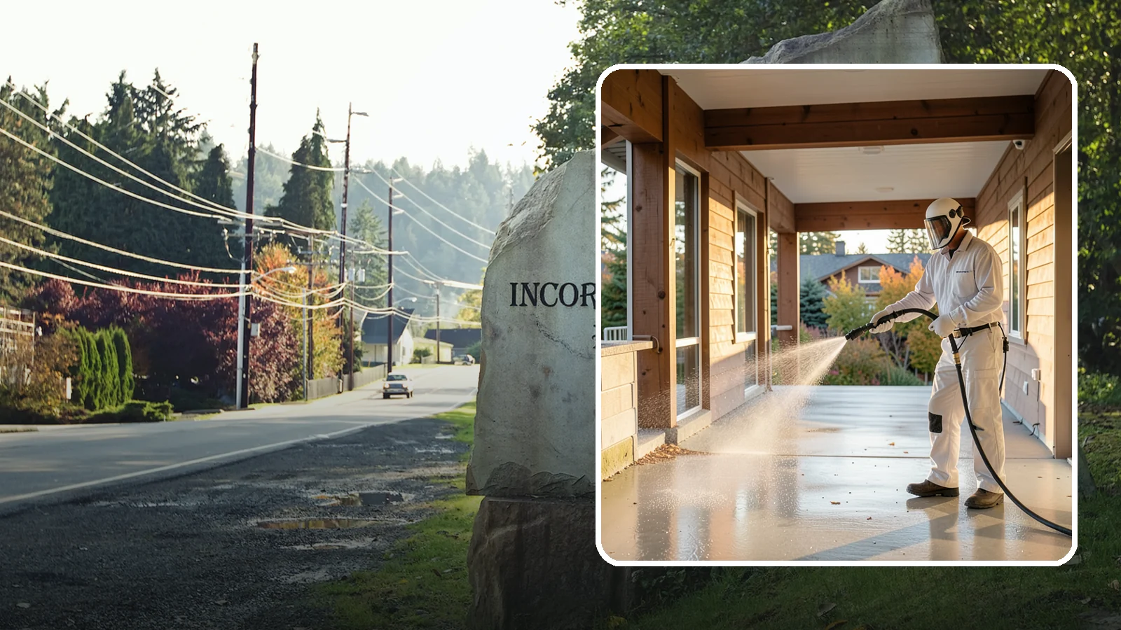 Breezeway Cleaning in Wilkeson, Pierce County, WA - We clean covered breezeways to clear the moss, leaf litter, and grime that funnel through these shaded passages.