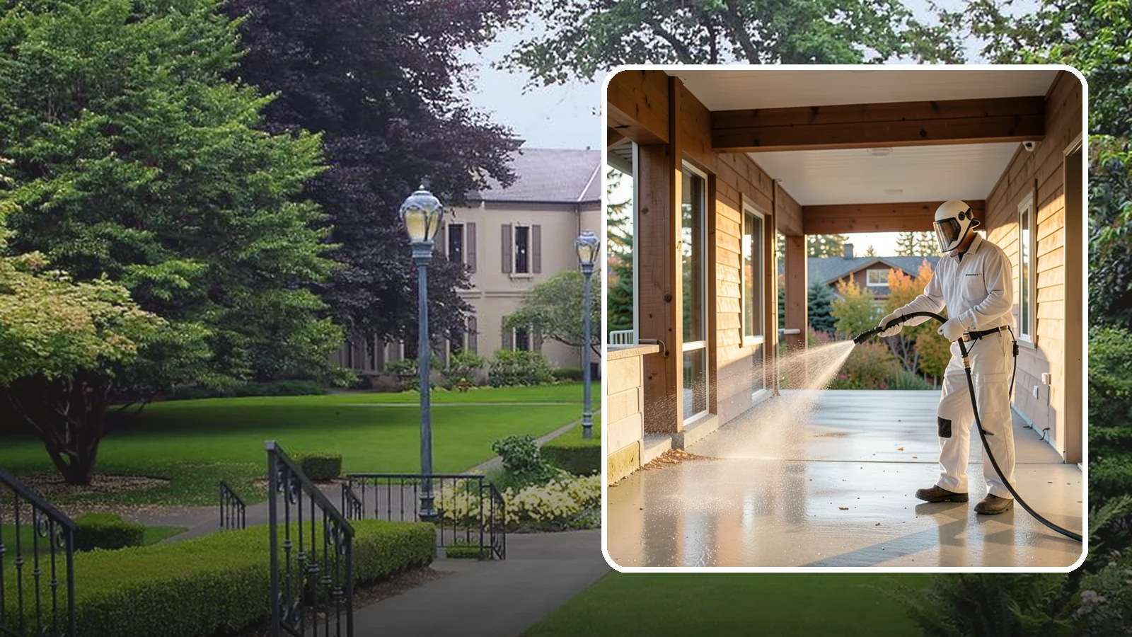 Breezeway Cleaning in Woodinville, King County, WA - We clean covered breezeways to clear the moss, leaf litter, and grime that funnel through these shaded passages.