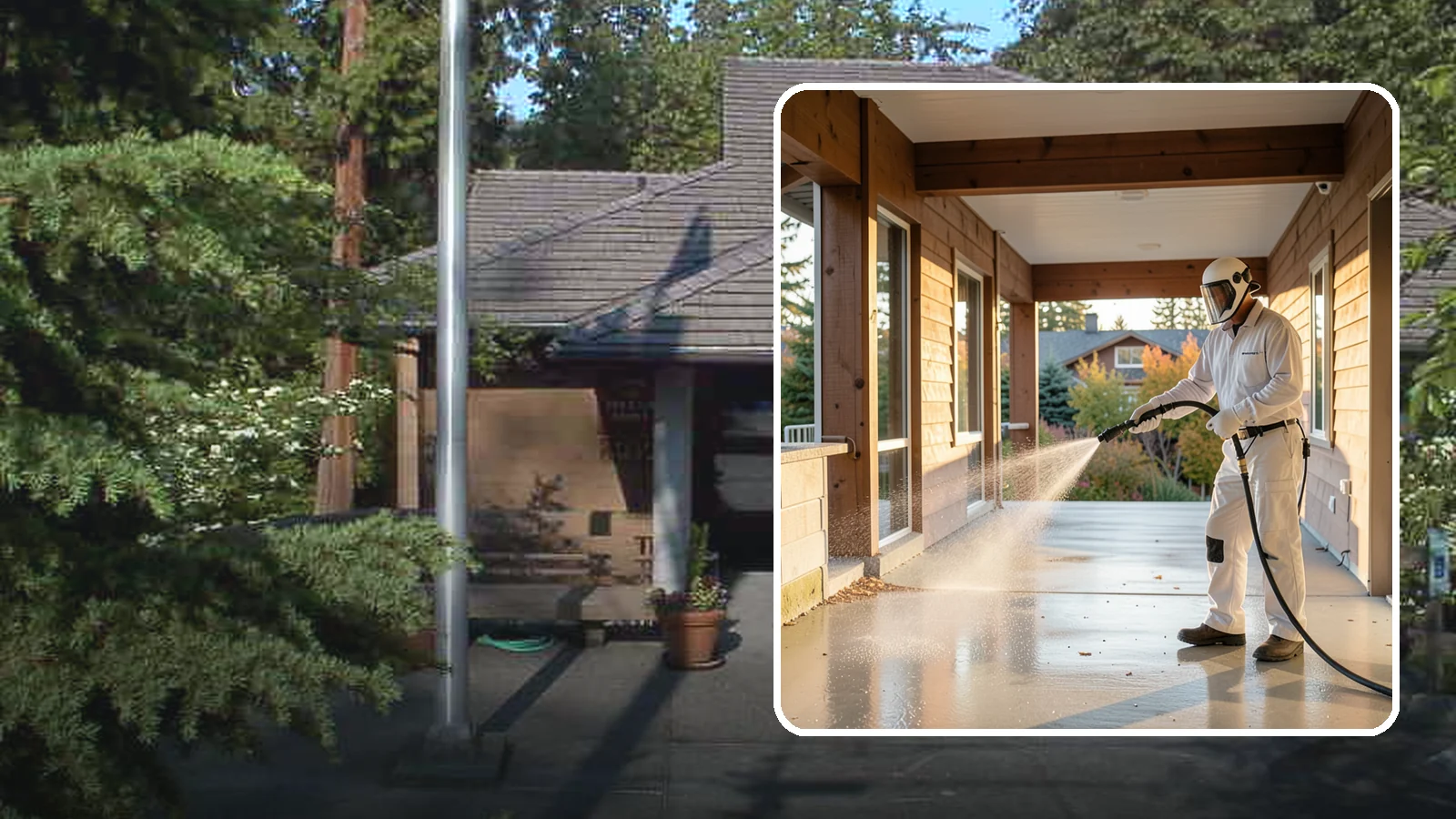 Breezeway Cleaning in Yarrow Point, King County, WA - We clean covered breezeways to clear the moss, leaf litter, and grime that funnel through these shaded passages.