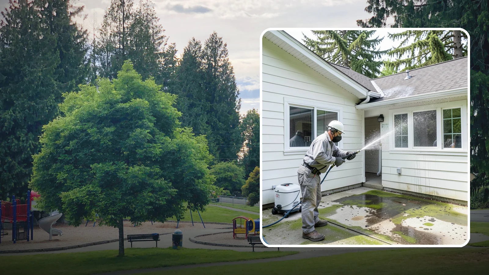 Brewery Exterior Cleaning in Bonney Lake, Pierce County, WA - Exterior cleaning for breweries and taprooms that clears spilled beer, grain residue, and Northwest algae from patios, loading...