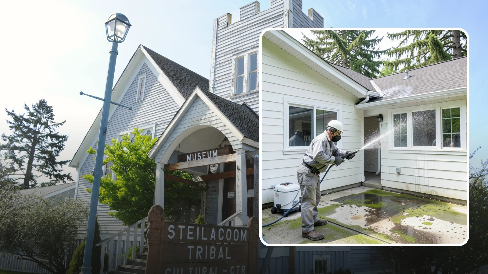 Brewery Exterior Cleaning in Steilacoom, Pierce County, WA - Exterior cleaning for breweries and taprooms that clears spilled beer, grain residue, and Northwest algae from patios, loading...