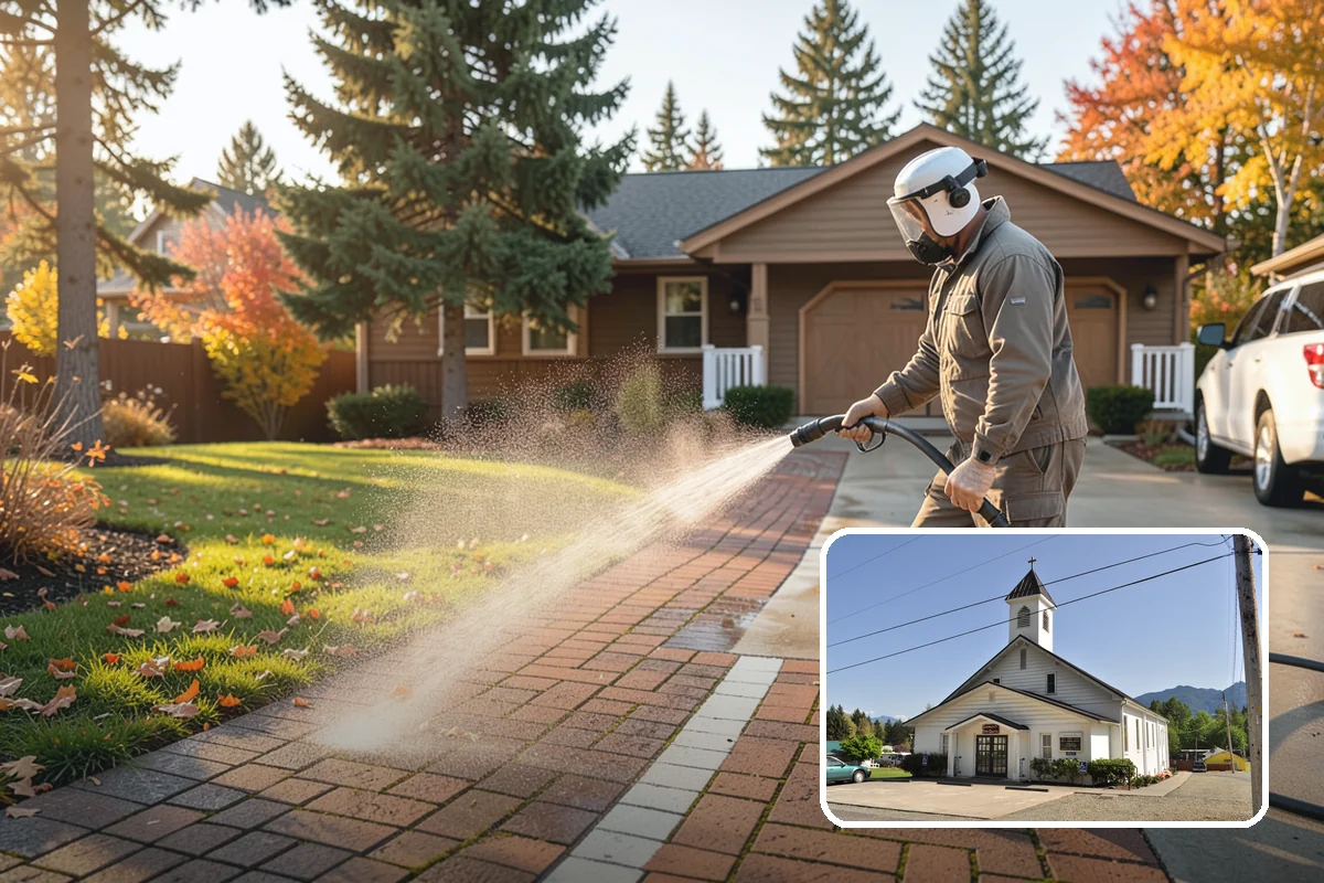 Brick Cleaning in Concrete, Skagit County, WA - Lifts moss and algae without eroding mortar joints