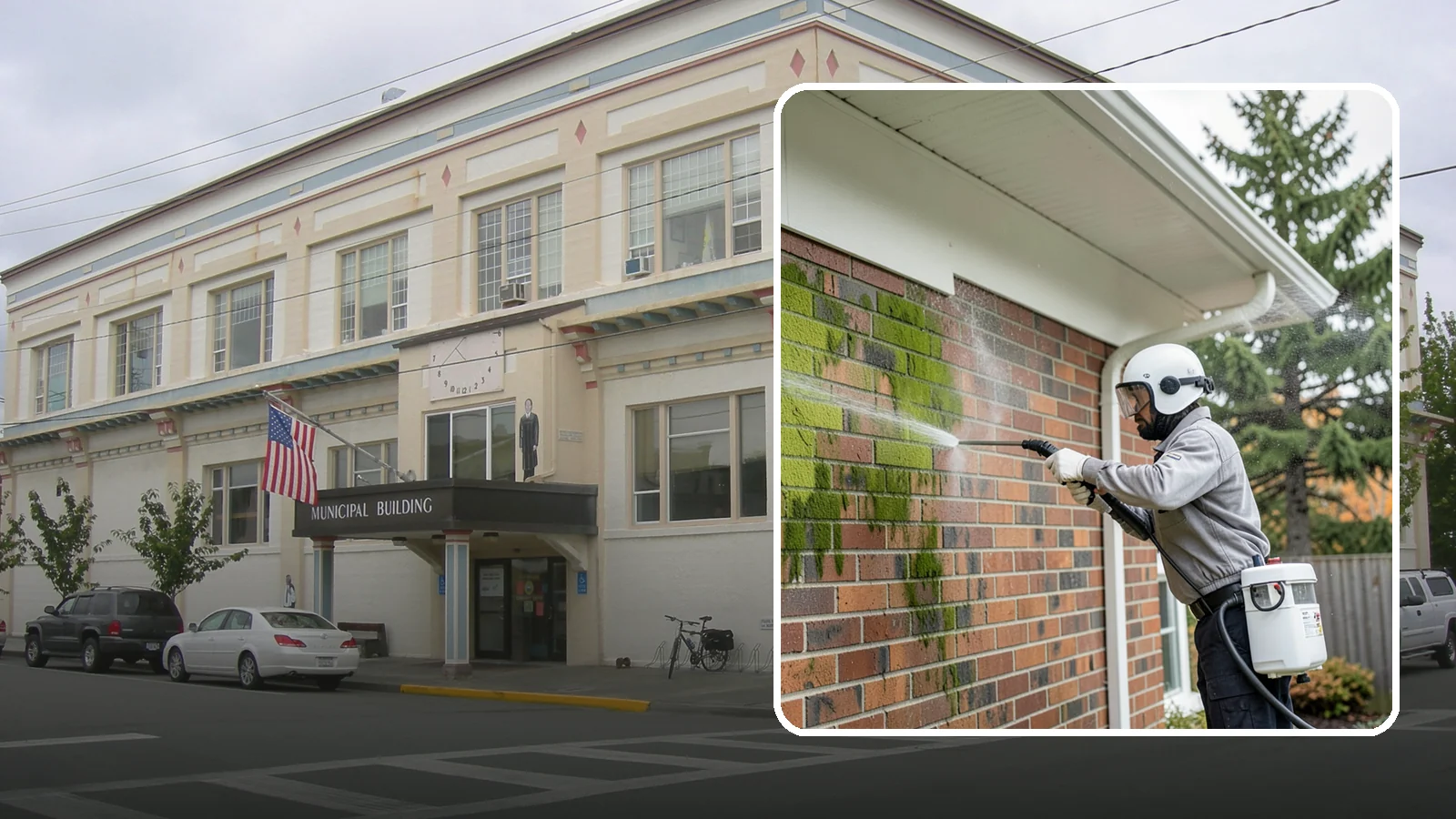 Brick House Washing in Anacortes, Skagit County, WA - Brick house washing removes the green algae, moss, and efflorescence that our damp weather draws out of masonry and mortar.