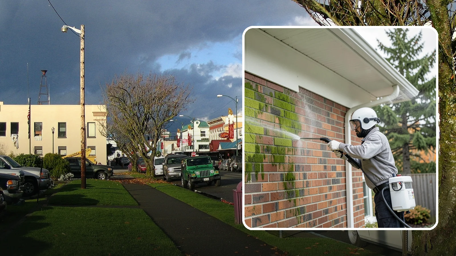 Brick House Washing in Arlington, Snohomish County, WA - Brick house washing removes the green algae, moss, and efflorescence that our damp weather draws out of masonry and mortar.