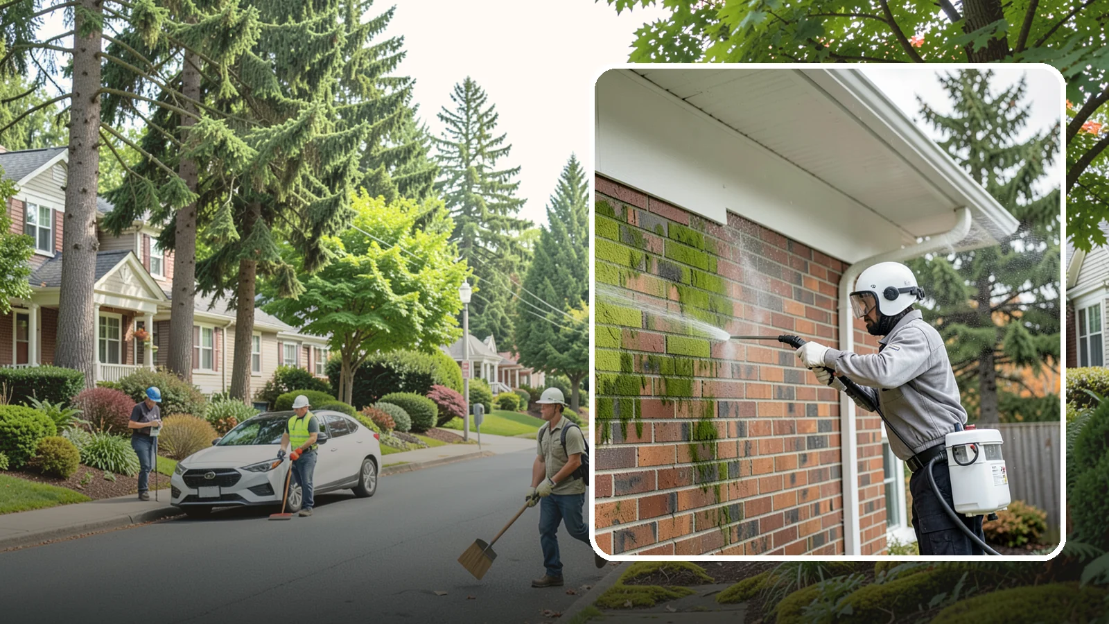 Brick House Washing in Beaux Arts Village, King County, WA - Brick house washing removes the green algae, moss, and efflorescence that our damp weather draws out of masonry and mortar.