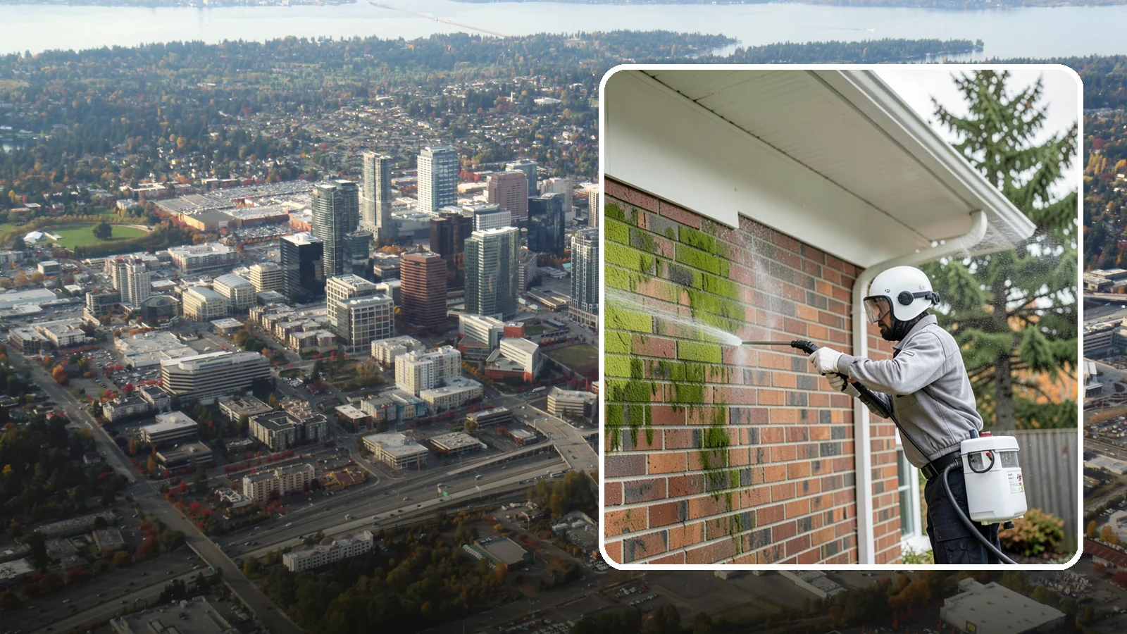 Brick House Washing in Bellevue, King County, WA - Brick house washing removes the green algae, moss, and efflorescence that our damp weather draws out of masonry and mortar.