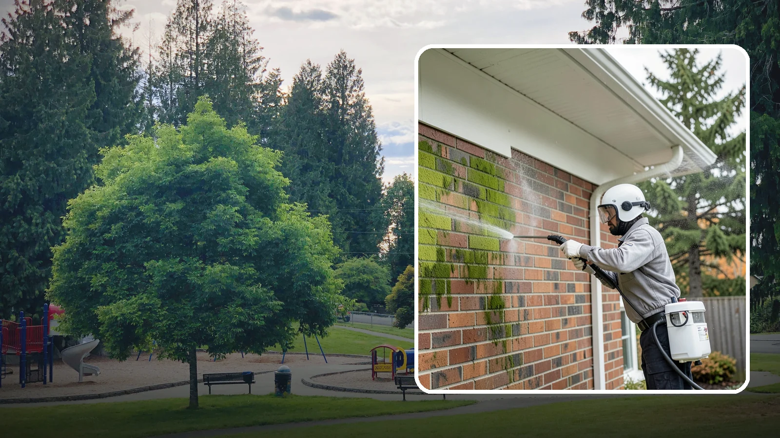 Brick House Washing in Bonney Lake, Pierce County, WA - Brick house washing removes the green algae, moss, and efflorescence that our damp weather draws out of masonry and mortar.