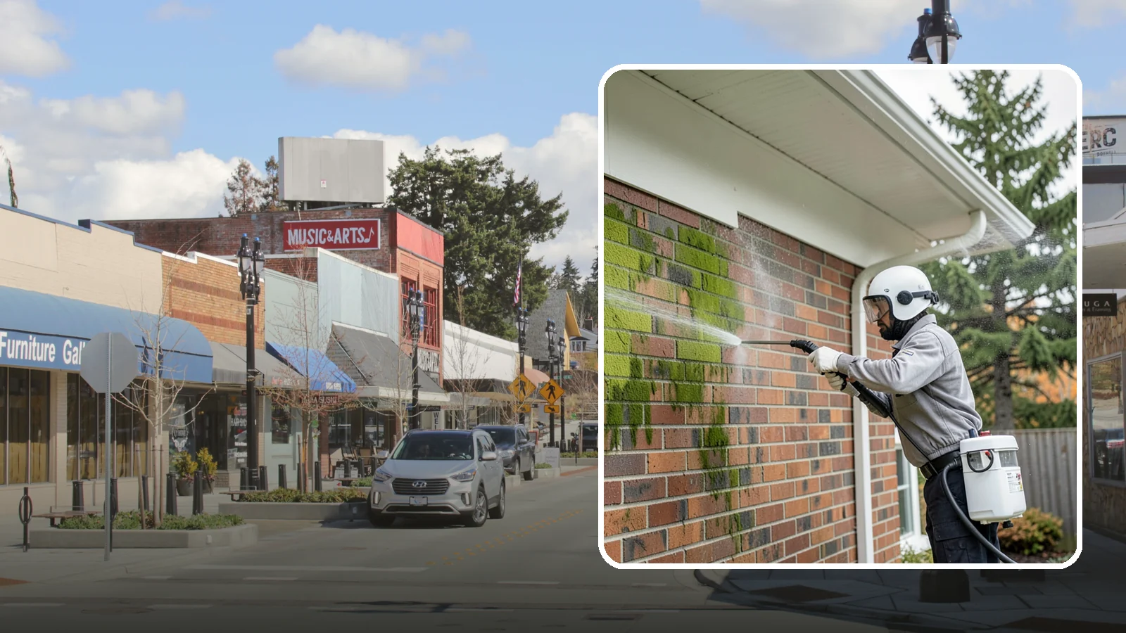 Brick House Washing in Bothell, King County, WA - Brick house washing removes the green algae, moss, and efflorescence that our damp weather draws out of masonry and mortar.