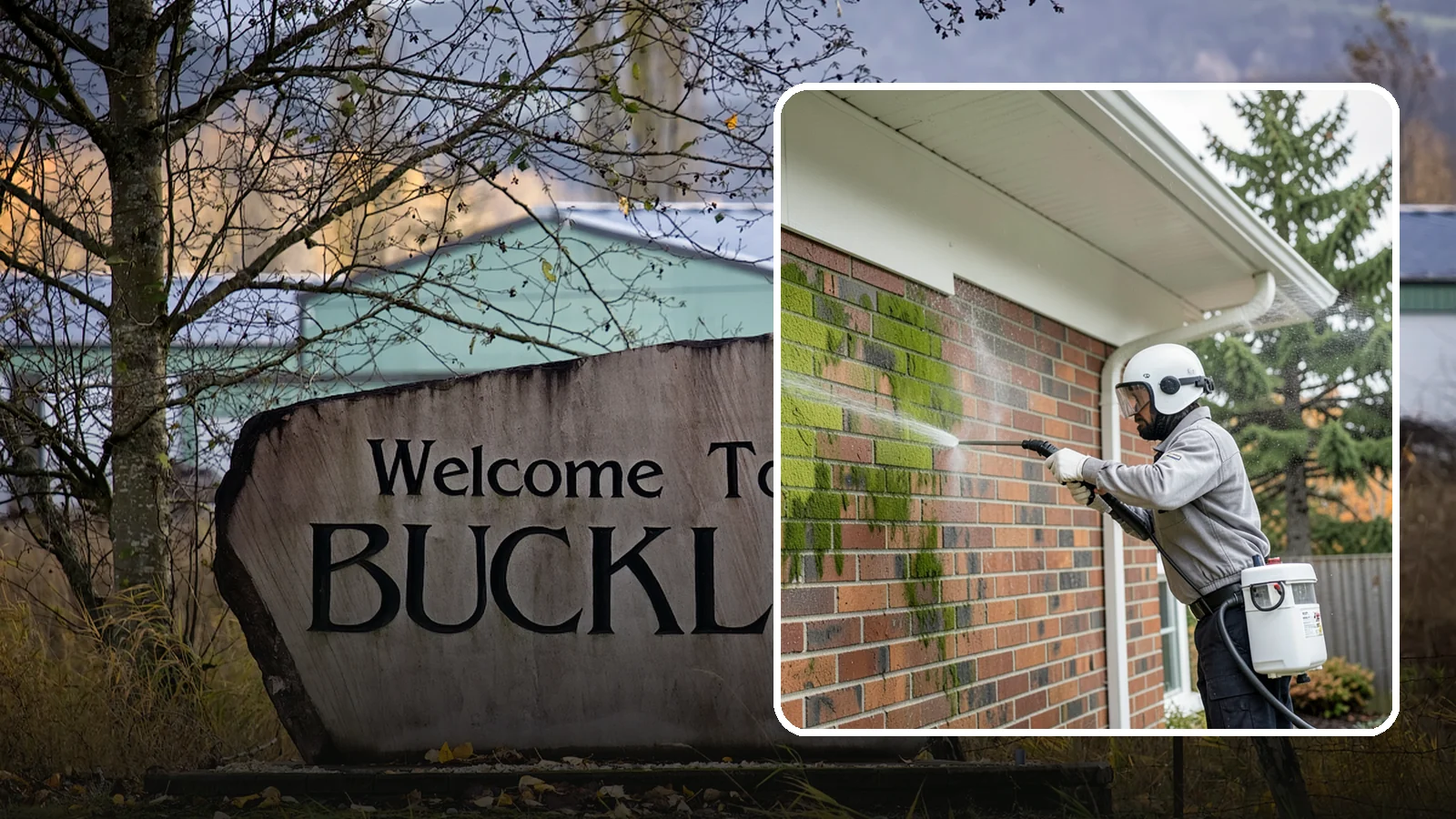 Brick House Washing in Buckley, Pierce County, WA - Brick house washing removes the green algae, moss, and efflorescence that our damp weather draws out of masonry and mortar.