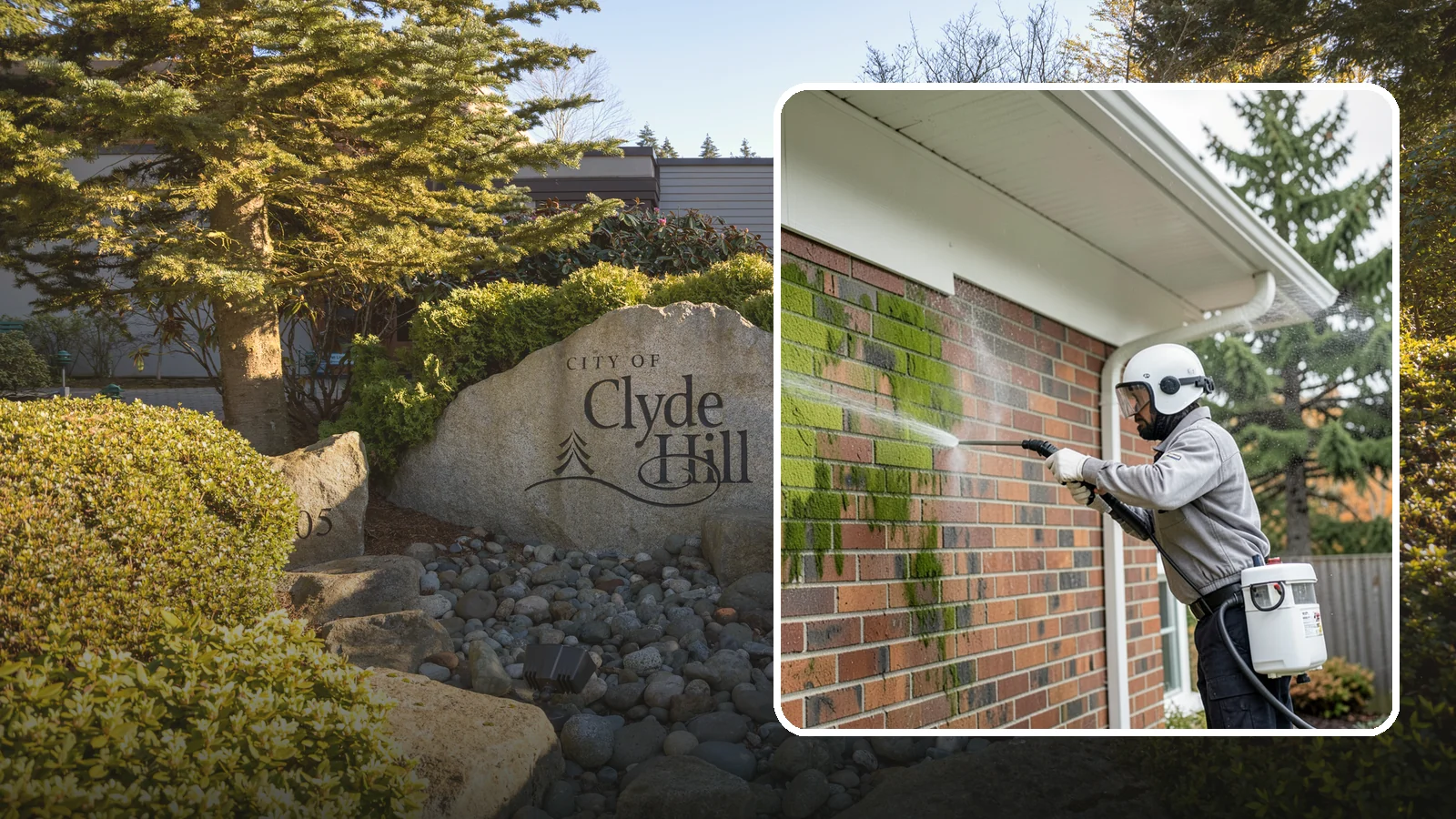 Brick House Washing in Clyde Hill, King County, WA - Brick house washing removes the green algae, moss, and efflorescence that our damp weather draws out of masonry and mortar.