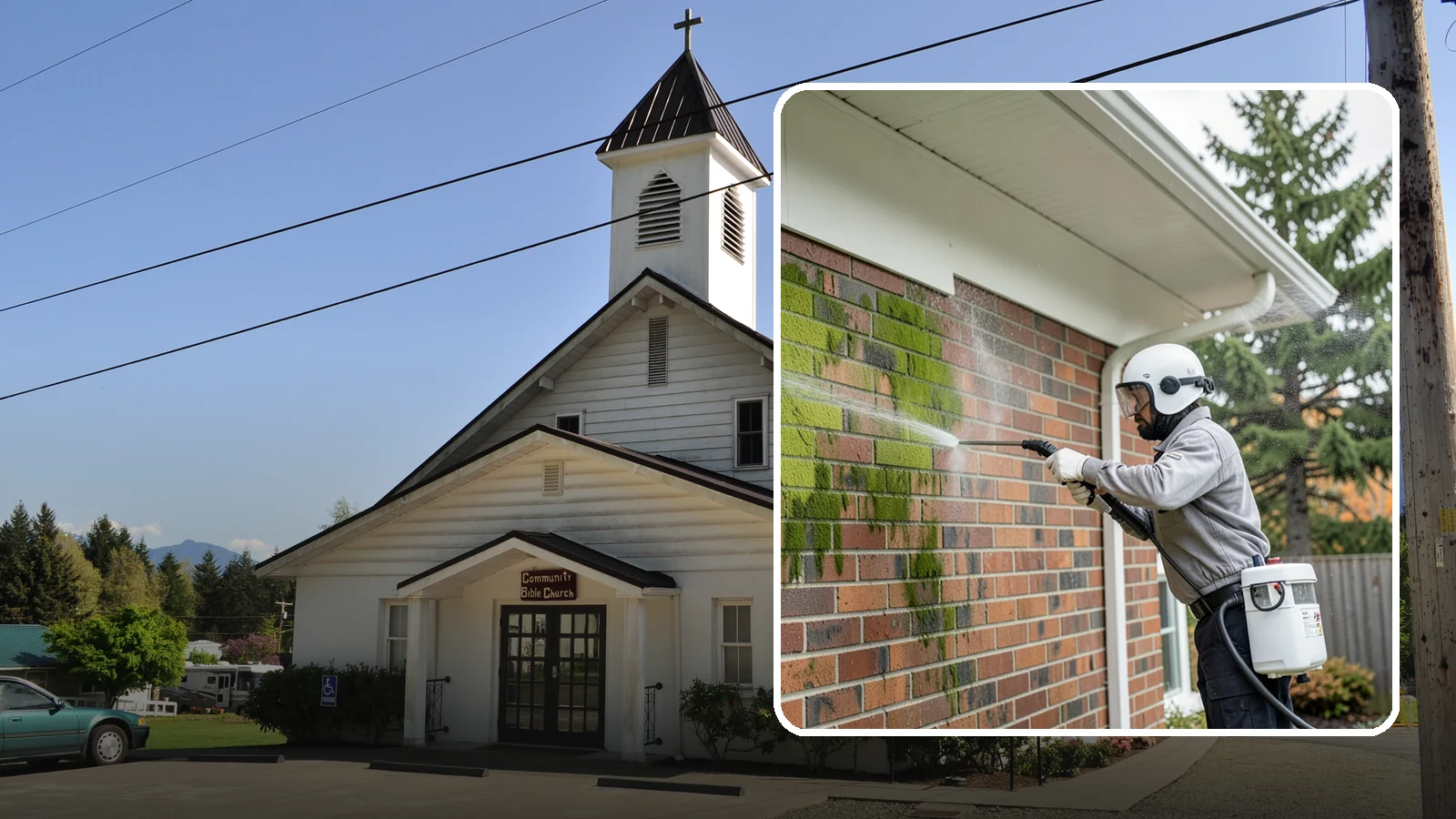 Brick House Washing in Concrete, Skagit County, WA - Brick house washing removes the green algae, moss, and efflorescence that our damp weather draws out of masonry and mortar.