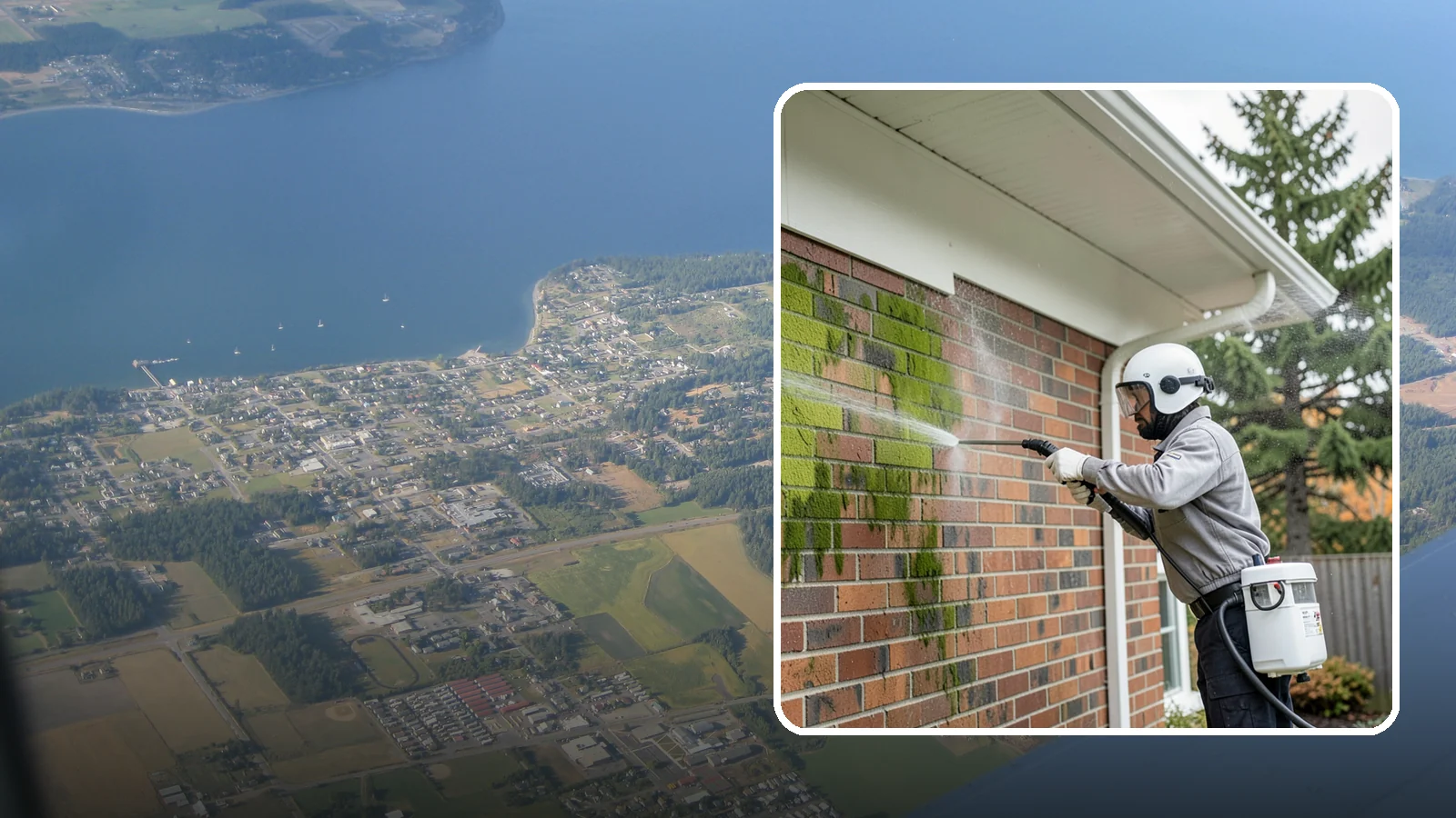 Brick House Washing in Coupeville, Island County, WA - Brick house washing removes the green algae, moss, and efflorescence that our damp weather draws out of masonry and mortar.